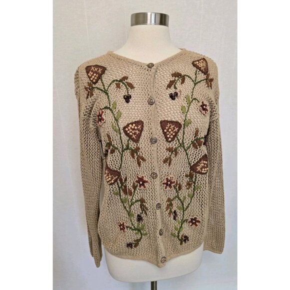 Womens 90s Vintage Cardigan Sweater Open Knit Beige Hand Embroidered - Picture 1 of 6